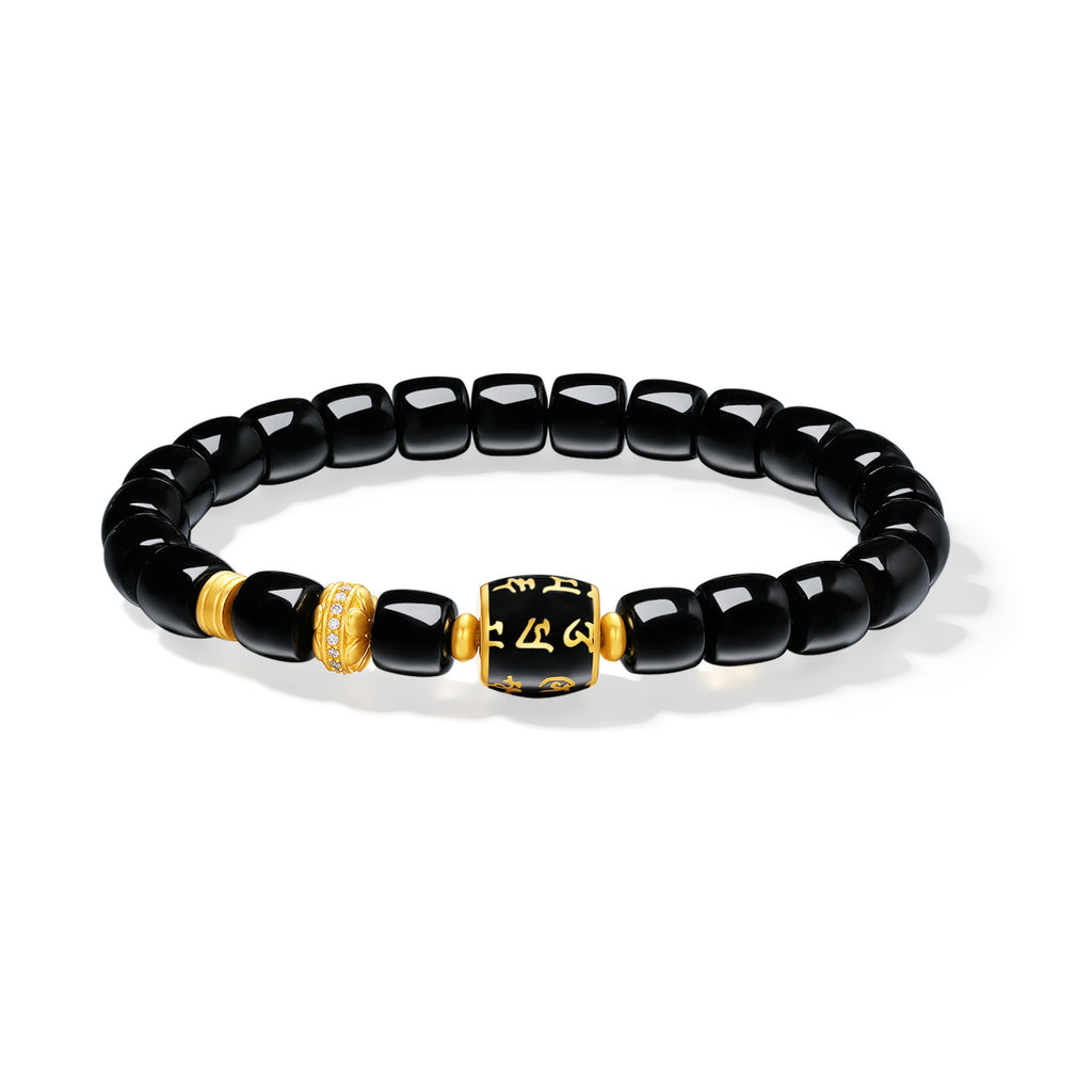 "Jiuhua Mountain" 24K Gold Beaded Bracelet Black Agate Engraved Barrel 8.5*7.5mm 18cm J1939467