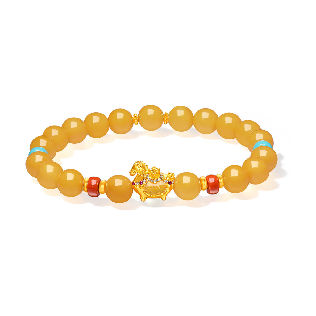 "Chinese Culture Collection - Dan Qing" 24K Gold Beaded Bracelet Amber 8-8.5mm Diamond 0.0025ct Agate 5.8-6.3*3.5-4mm Horse 1.1-1.6g J1937265