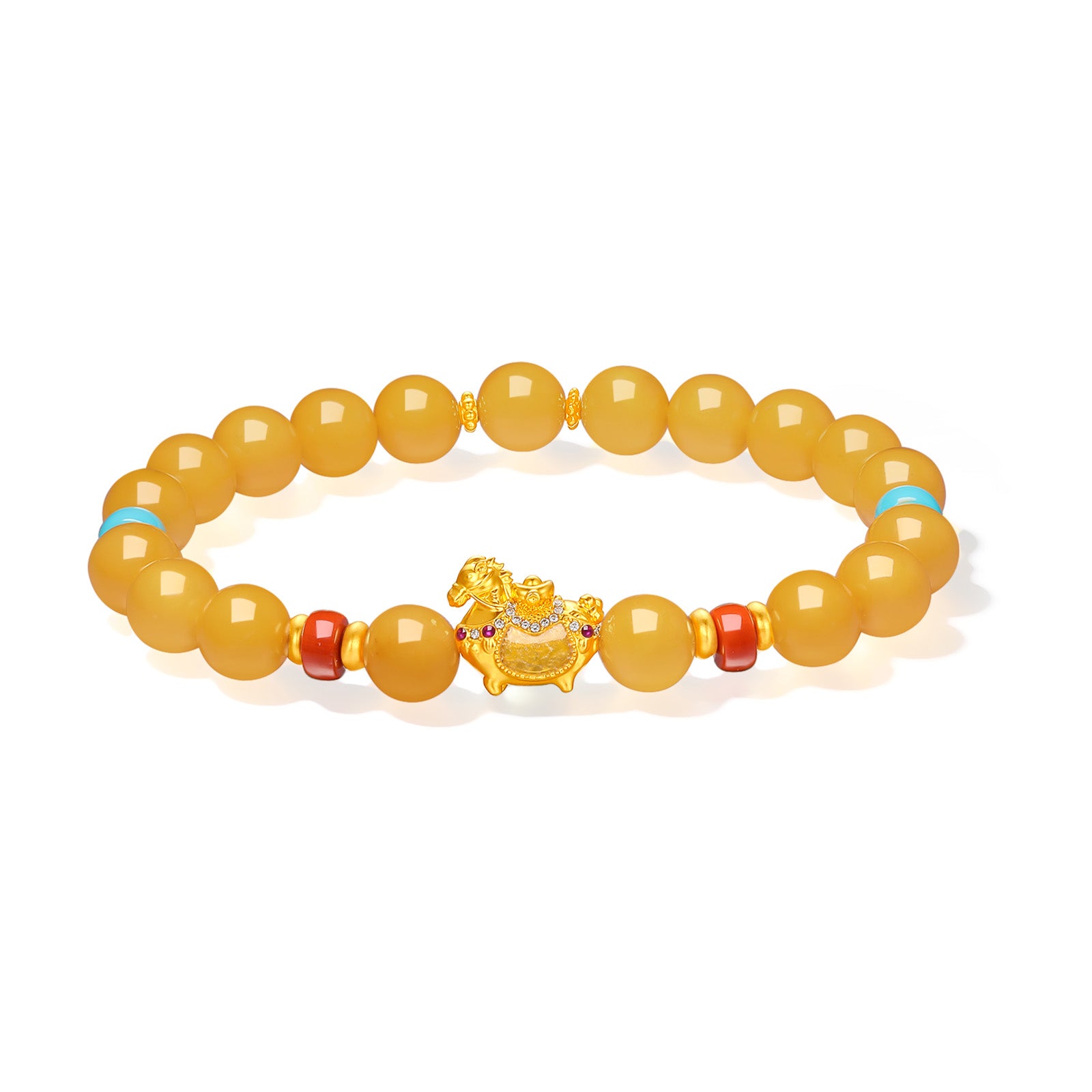 "Chinese Culture Collection - Dan Qing" 24K Gold Beaded Bracelet Amber 8-8.5mm Diamond 0.0025ct Agate 5.8-6.3*3.5-4mm Horse 1.1-1.6g J1937265