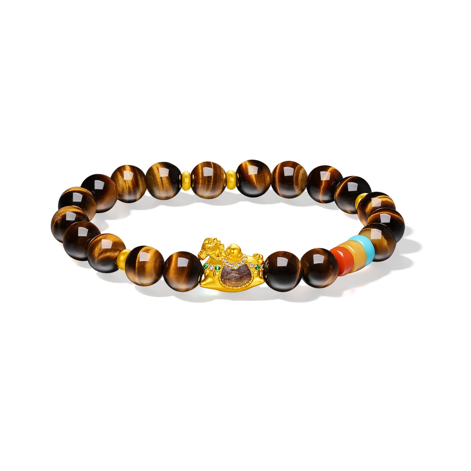 "Chinese Culture Collection - Dan Qing" 24K Gold Beaded Bracelet Tiger's-eye 7.8-8.3mm Diamond 0.0026ct Agate 5.8-6.3*3.5-4mm Horse 1.1-1.55g J1937266