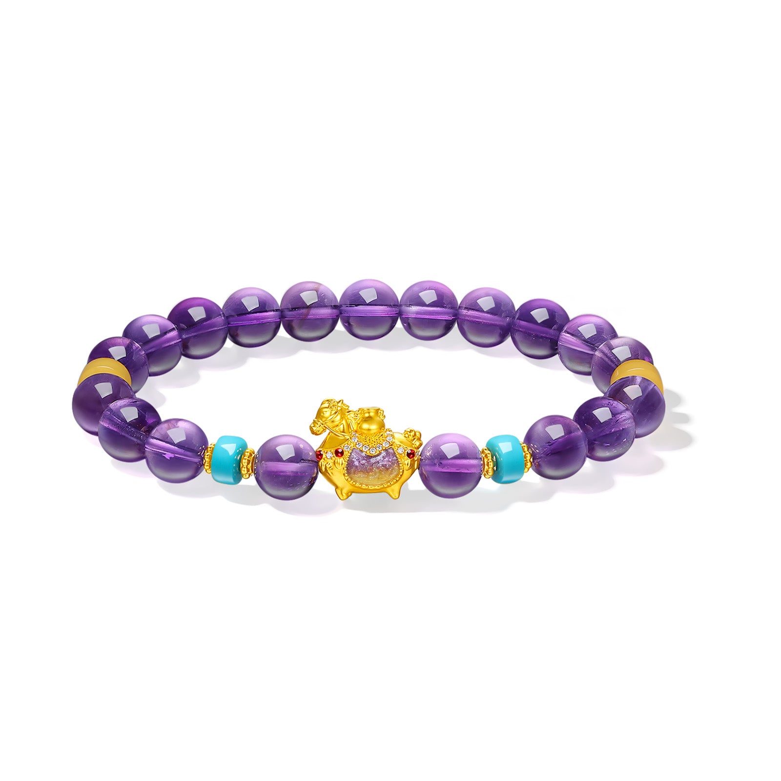 "Chinese Culture Collection - Dan Qing" 24K Gold Beaded Bracelet Amethyst 7.8-8.3mm Diamond 0.0024ct Turquoise 5.8-6.3*2.8-3.3mm Horse 0.9-1.5g J1937268