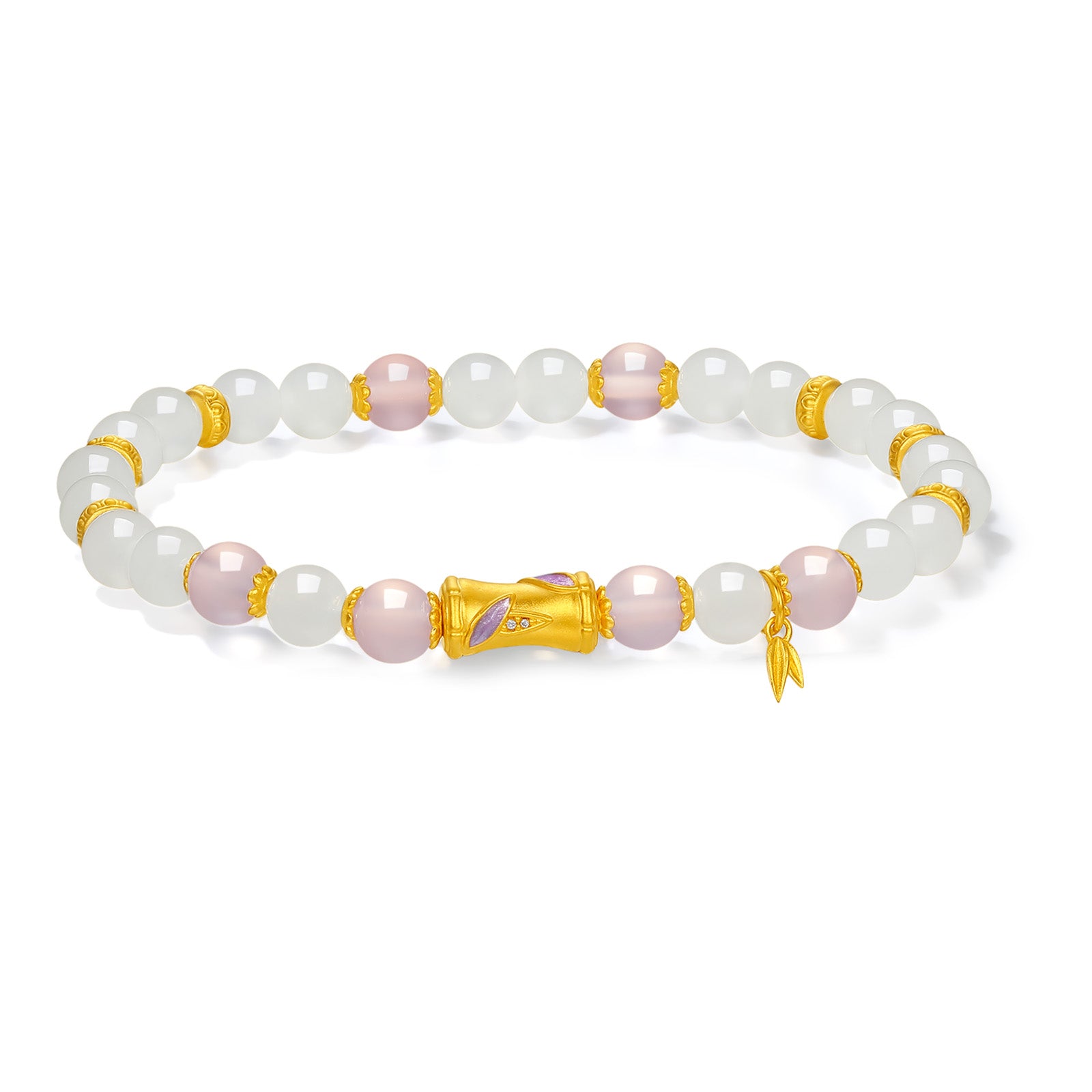 "Chinese Culture Collection - Dan Qing" 24K Gold Beaded Bracelet Hetian Jade 5.8-6.3mm Diamond 0.0015ct Chalcedony Bamboo 2.3-4g Y1940423