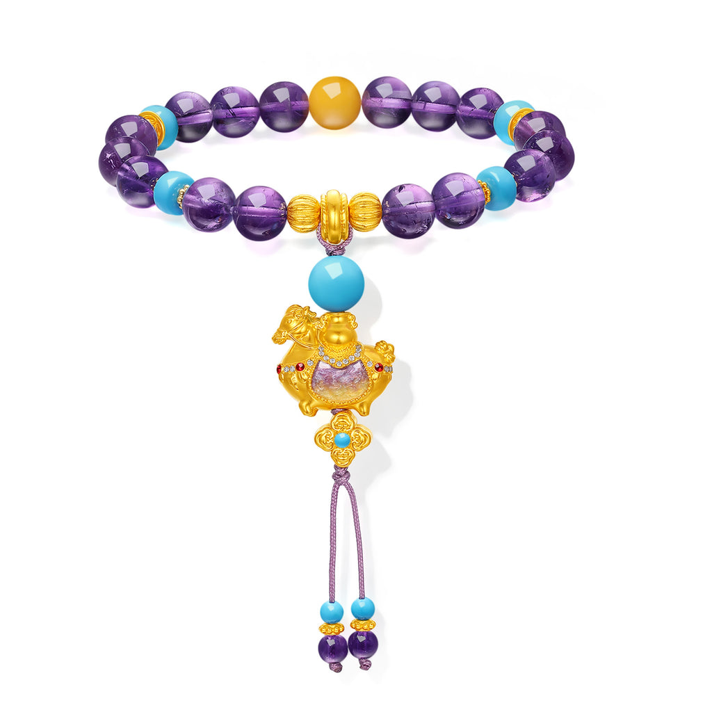 "Chinese Culture Collection - Dan Qing" 24K Gold Beaded Bracelet Braided Rope Amethyst 8-8.5mm Diamond 0.0031ct Amber 4-5mm Horse 5.4-6.8g J1937293