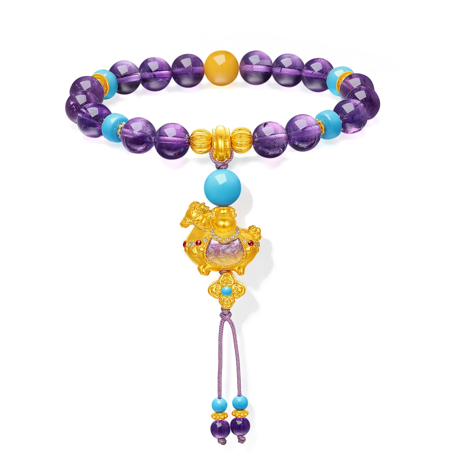 "Chinese Culture Collection - Dan Qing" 24K Gold Beaded Bracelet Braided Rope Amethyst 8-8.5mm Diamond 0.0031ct Amber 4-5mm Horse 5.4-6.8g J1937293
