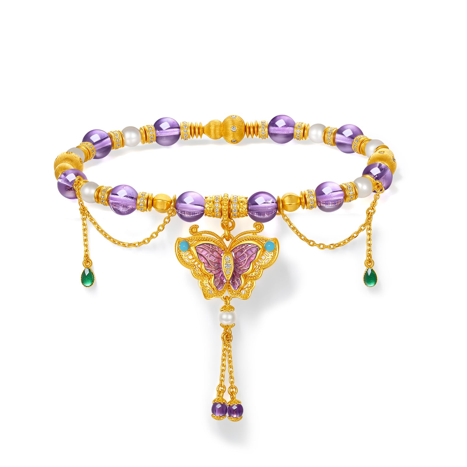 "Chinese Culture Collection - Dan Qing" 24K Gold Beaded Bracelet Amethyst 6-6.5mm Diamond 0.0031ct 3.8-4.3mm Butterfly 19-23g J1940431