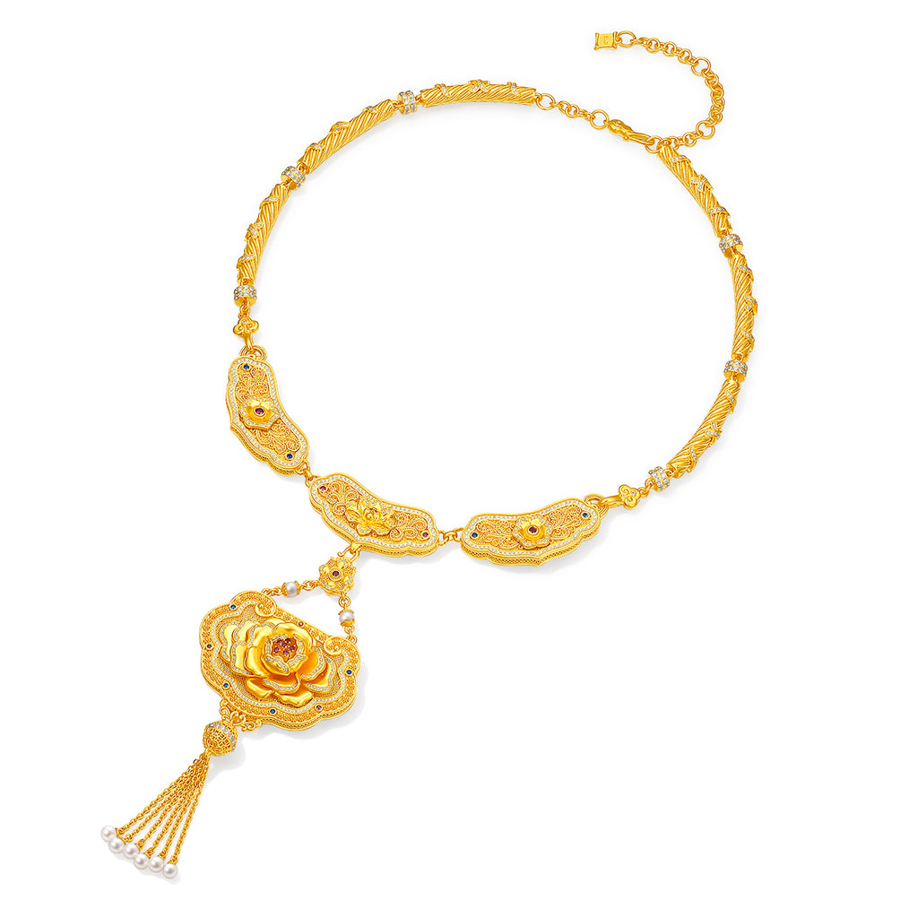 "Chinese Culture Collection - Dan Qing" 999 24K Gold Pendant Necklace Diamond 0.0061ct Ruby 0.039ct Aquamarine 4-4.5mm Ruyi 238-268g W0650048