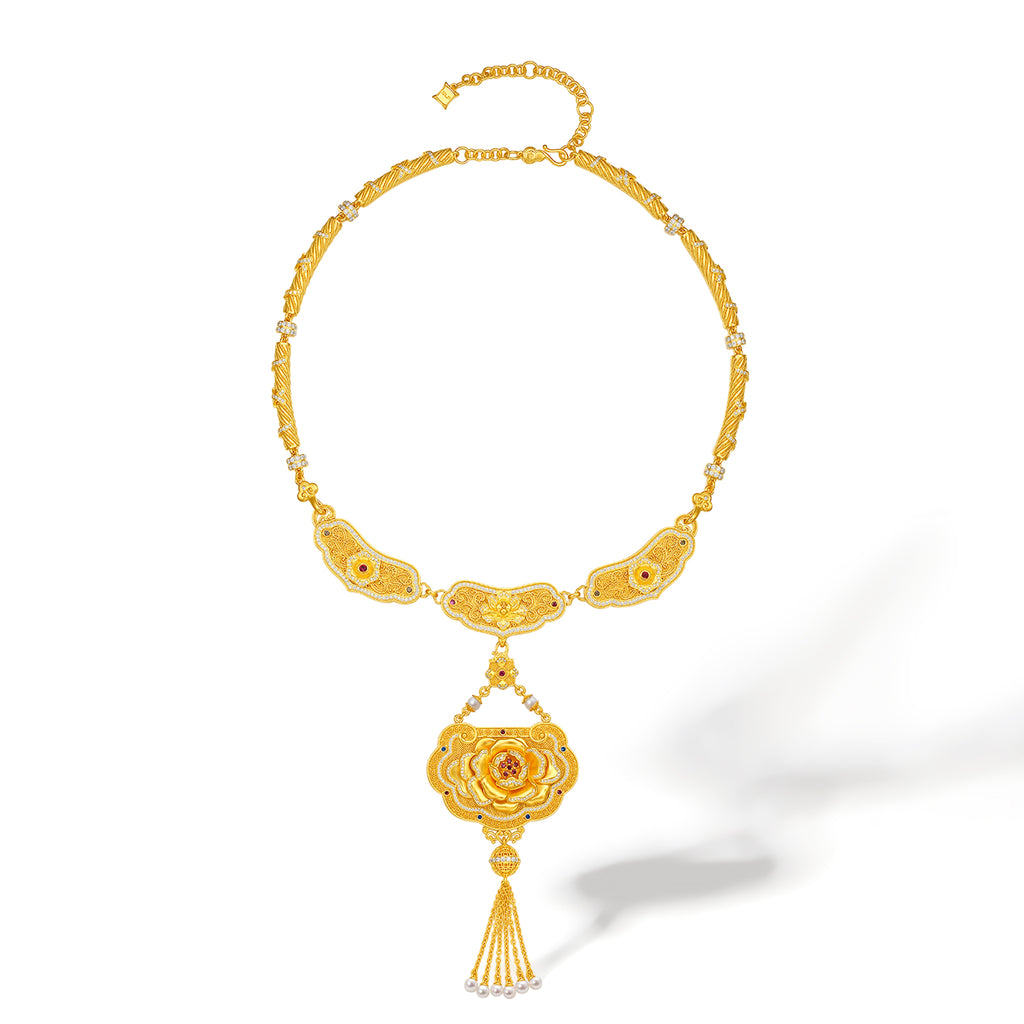 "Chinese Culture Collection - Dan Qing" 999 24K Gold Pendant Necklace Diamond 0.0061ct Ruby 0.039ct Aquamarine 4-4.5mm Ruyi 238-268g W0650048