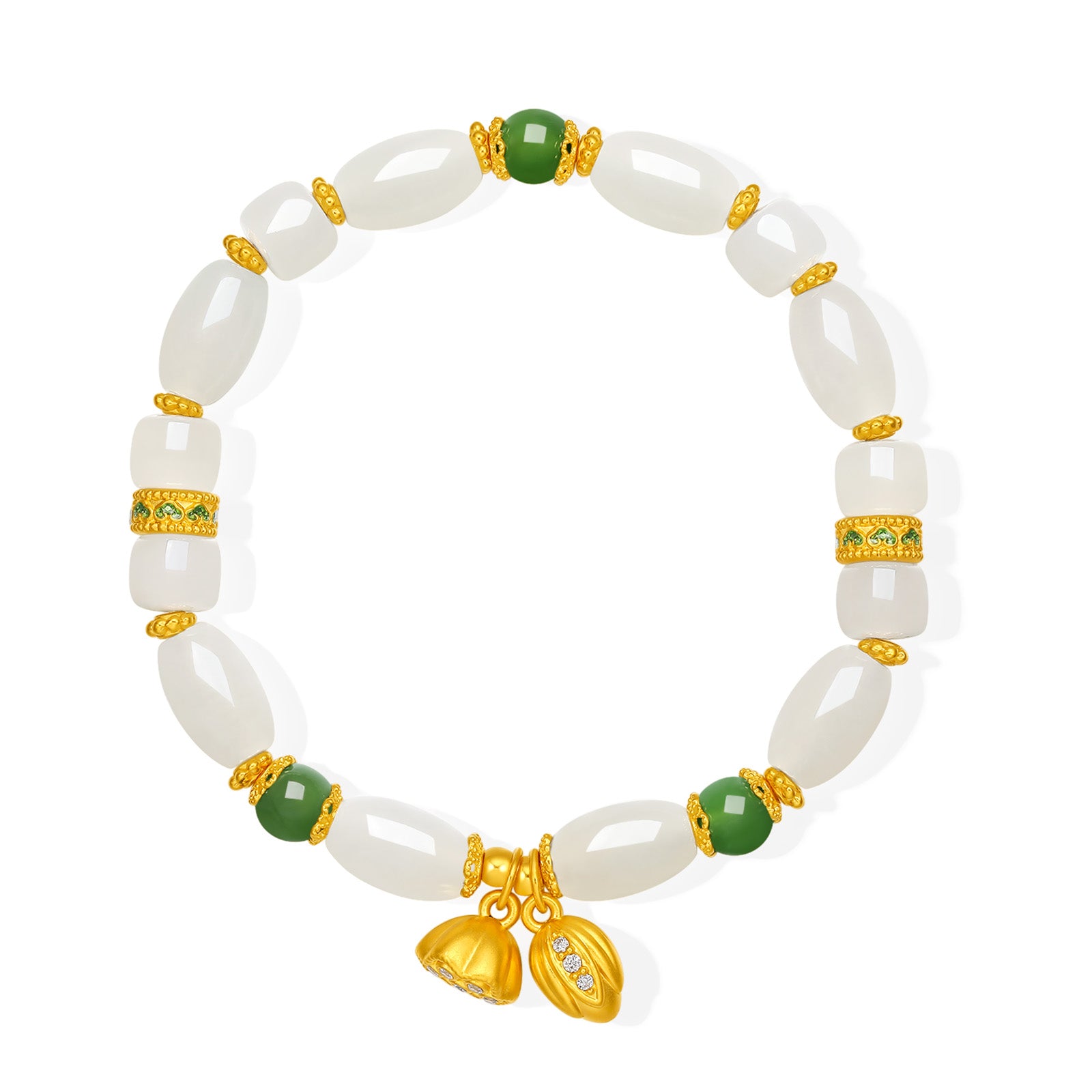 "Chinese Culture Collection - Dan Qing" 24K Gold Beaded Bracelet Hetian Jade 6.8-7.3*10.5-11mm Diamond 0.009ct 5.8-6.3mm Lotus 2.9-4.5g Y1940427