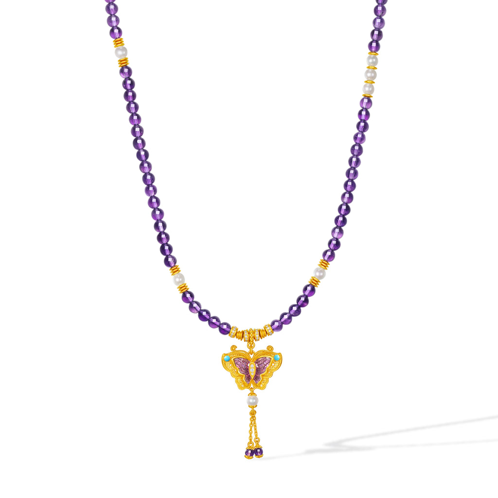 "Chinese Culture Collection - Dan Qing" 24K Gold Beaded Bracelet Amethyst 4-4.5mm Diamond 0.0029ct 4-4.5mm Butterfly 15.3-19.3g J1940435