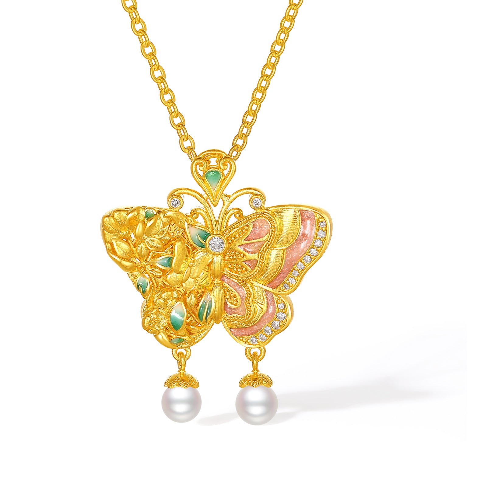 "Chinese Culture Collection - Dan Qing" 24K Gold Pendant Necklace Diamond 0.004ct Pearl 3.5-4mm Butterfly 14.8-17.8g W0636728