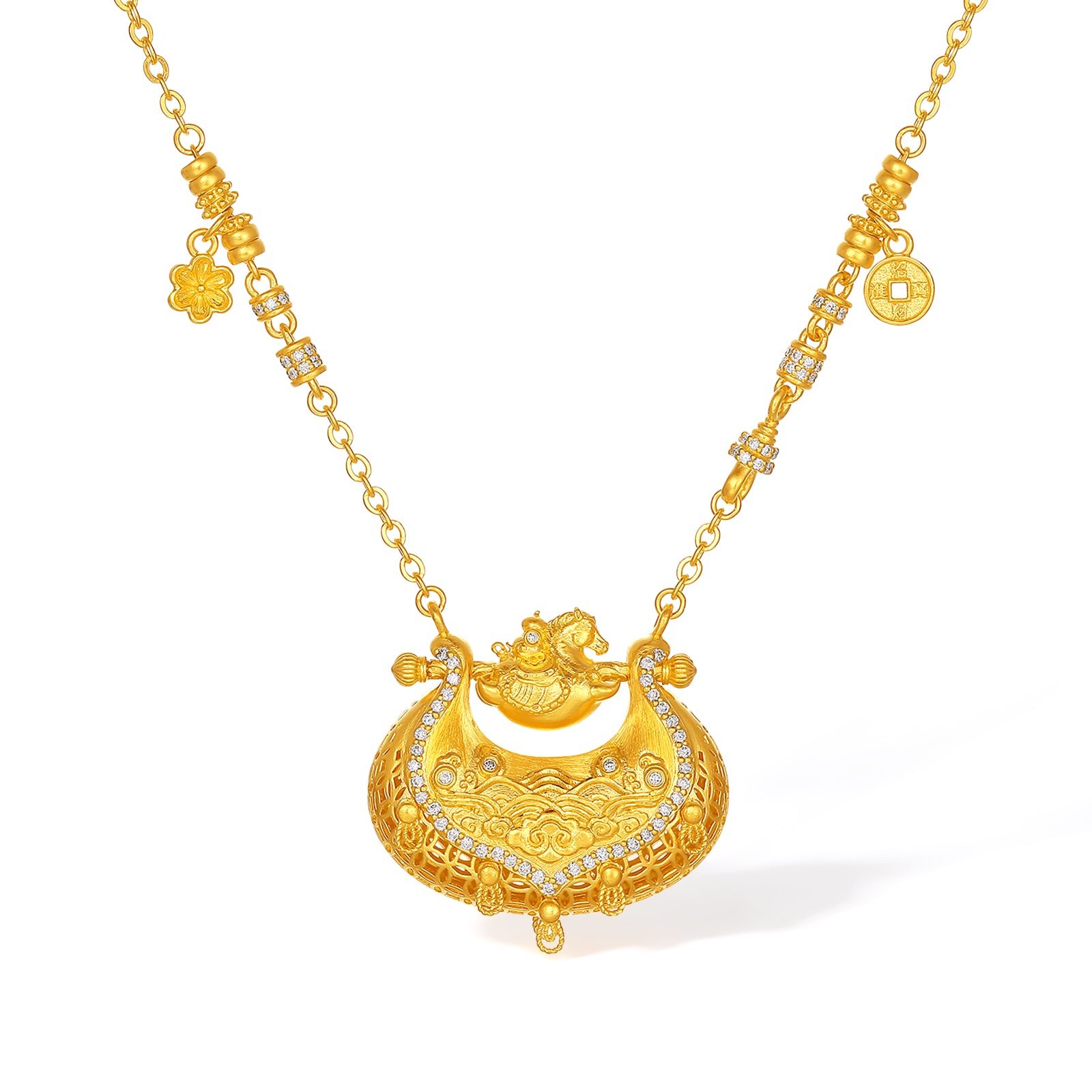 "Chinese Culture Collection - Dan Qing" 24K Gold Pendant Necklace Diamond 0.0029ct Ruyi 26-30g W0640503