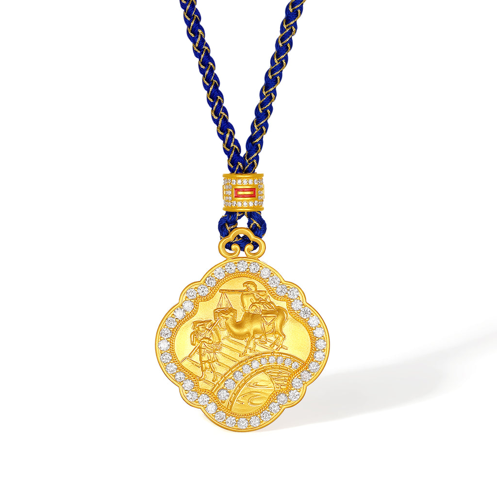 "Chinese Culture Collection - Dan Qing" 24K Gold Pendant Braided Rope Diamond 0.0081ct Along the River During the Qingming Festival 17-23g W0436654