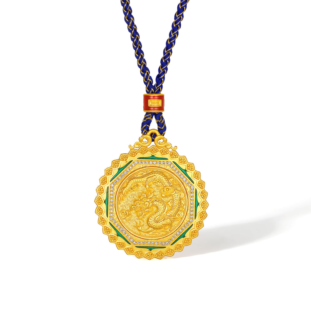"Chinese Culture Collection - Dan Qing" 24K Gold Pendant Braided Rope Diamond 0.03ct 0.0015ct Dragons & Phoenixes 22-26g W0440499