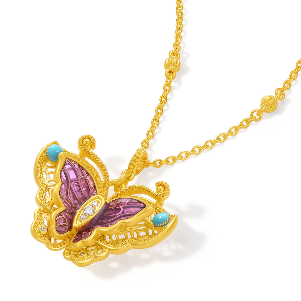 "Chinese Culture Collection - Dan Qing" 24K Gold Pendant Necklace Diamond 0.0084ct Butterfly 12.2-15.2g W0636617