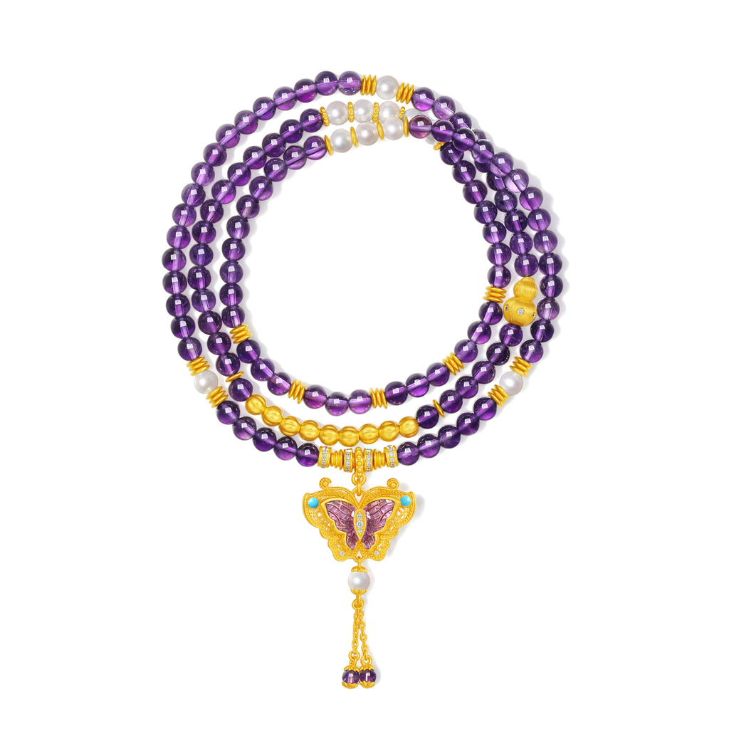 "Chinese Culture Collection - Dan Qing" 24K Gold Beaded Bracelet Amethyst 4-4.5mm Diamond 0.0029ct 4-4.5mm Butterfly 15.3-19.3g J1940435