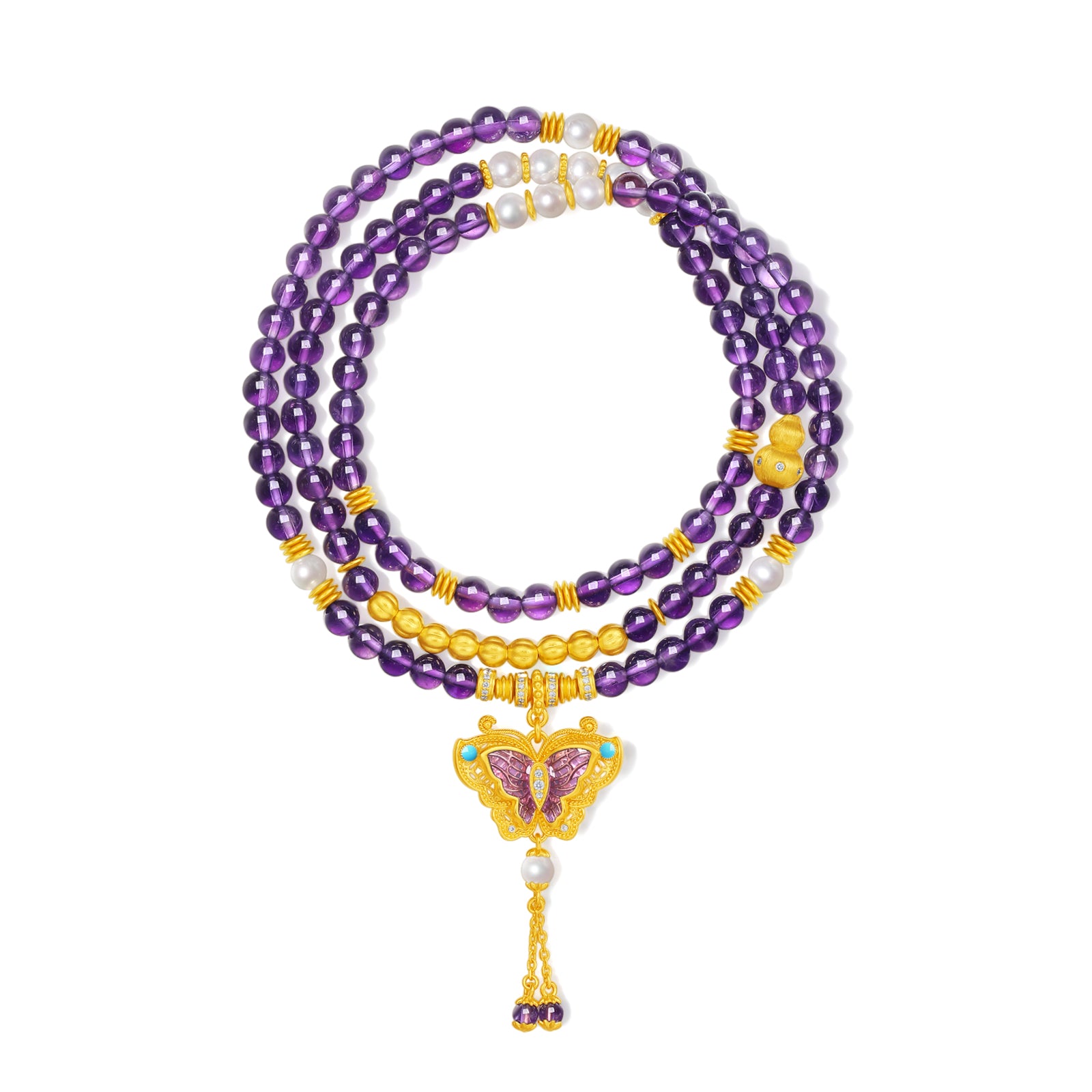 "Chinese Culture Collection - Dan Qing" 24K Gold Beaded Bracelet Amethyst 4-4.5mm Diamond 0.0029ct 4-4.5mm Butterfly 15.3-19.3g J1940435