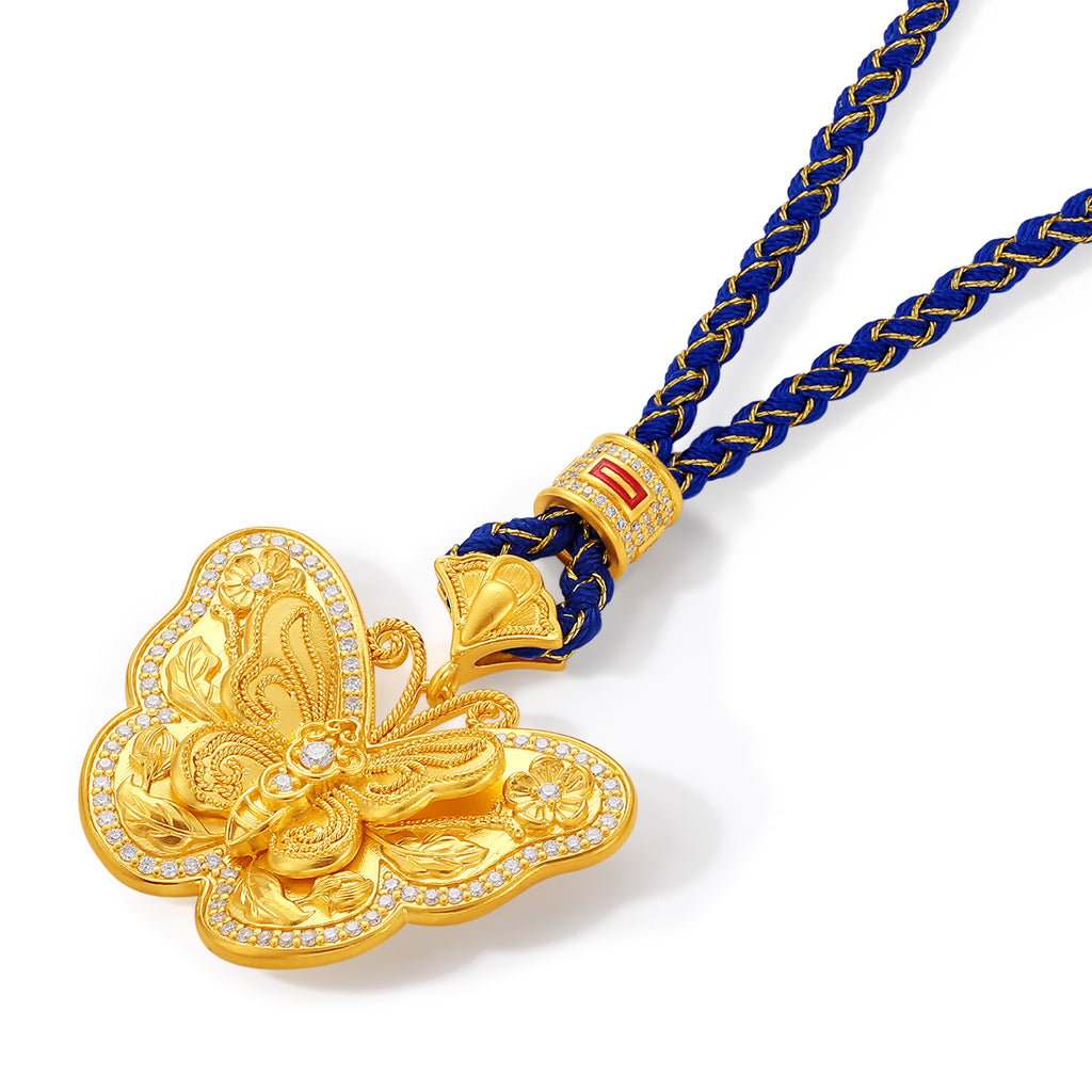 "Chinese Culture Collection - Dan Qing" 24K Gold Pendant Braided Rope Diamond 0.0031ct Butterfly 20.6-24.6g W0436731