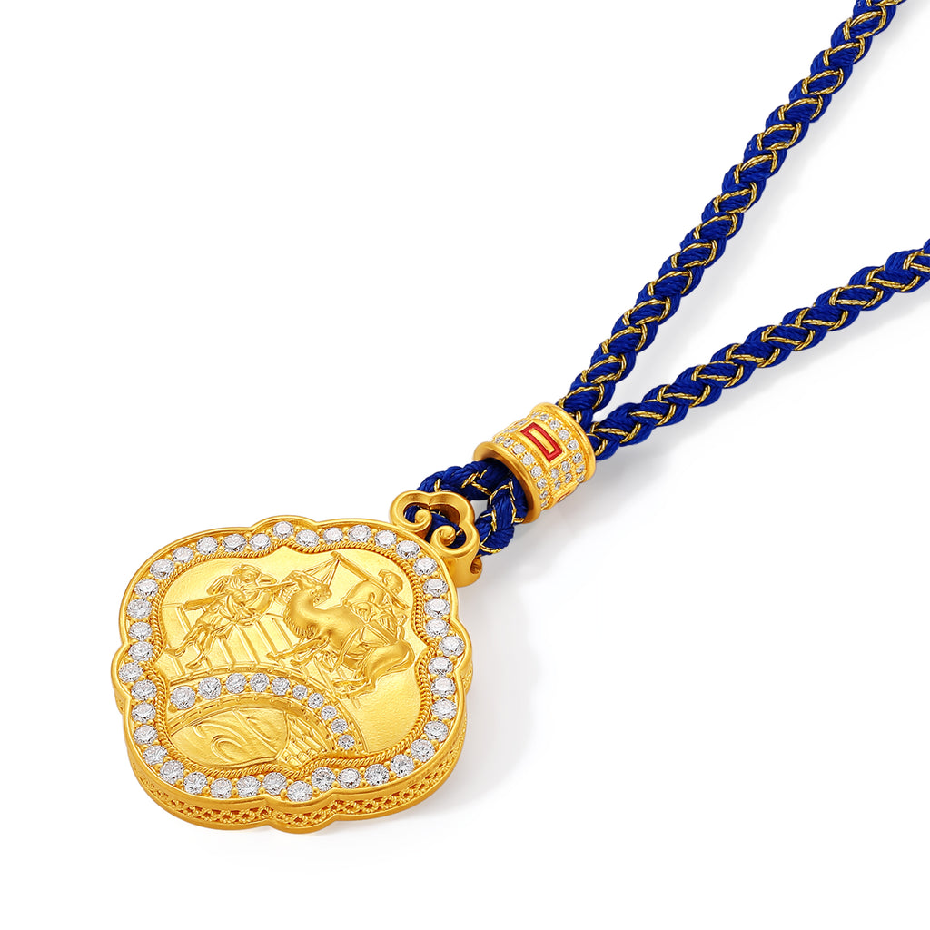 "Chinese Culture Collection - Dan Qing" 24K Gold Pendant Braided Rope Diamond 0.0081ct Along the River During the Qingming Festival 17-23g W0436654