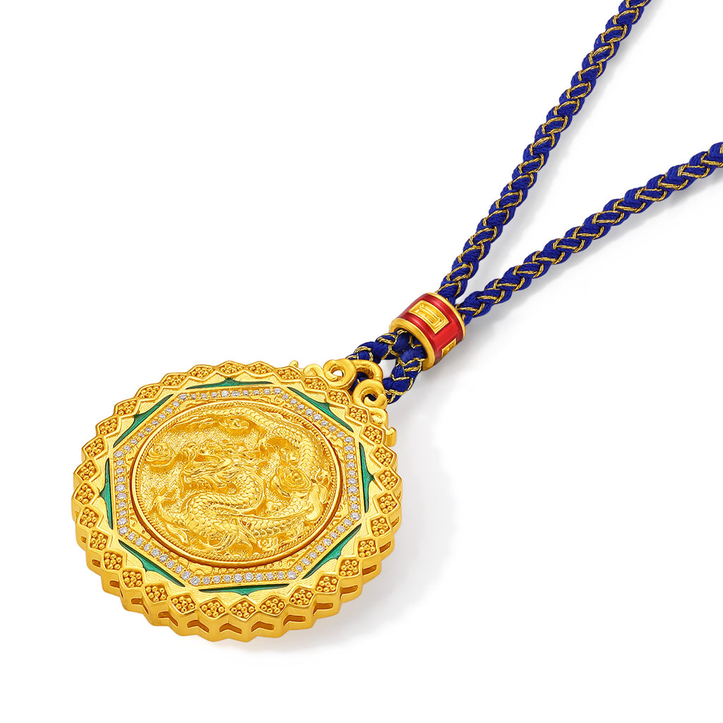 "Chinese Culture Collection - Dan Qing" 24K Gold Pendant Braided Rope Diamond 0.03ct 0.0015ct Dragons & Phoenixes 22-26g W0440499