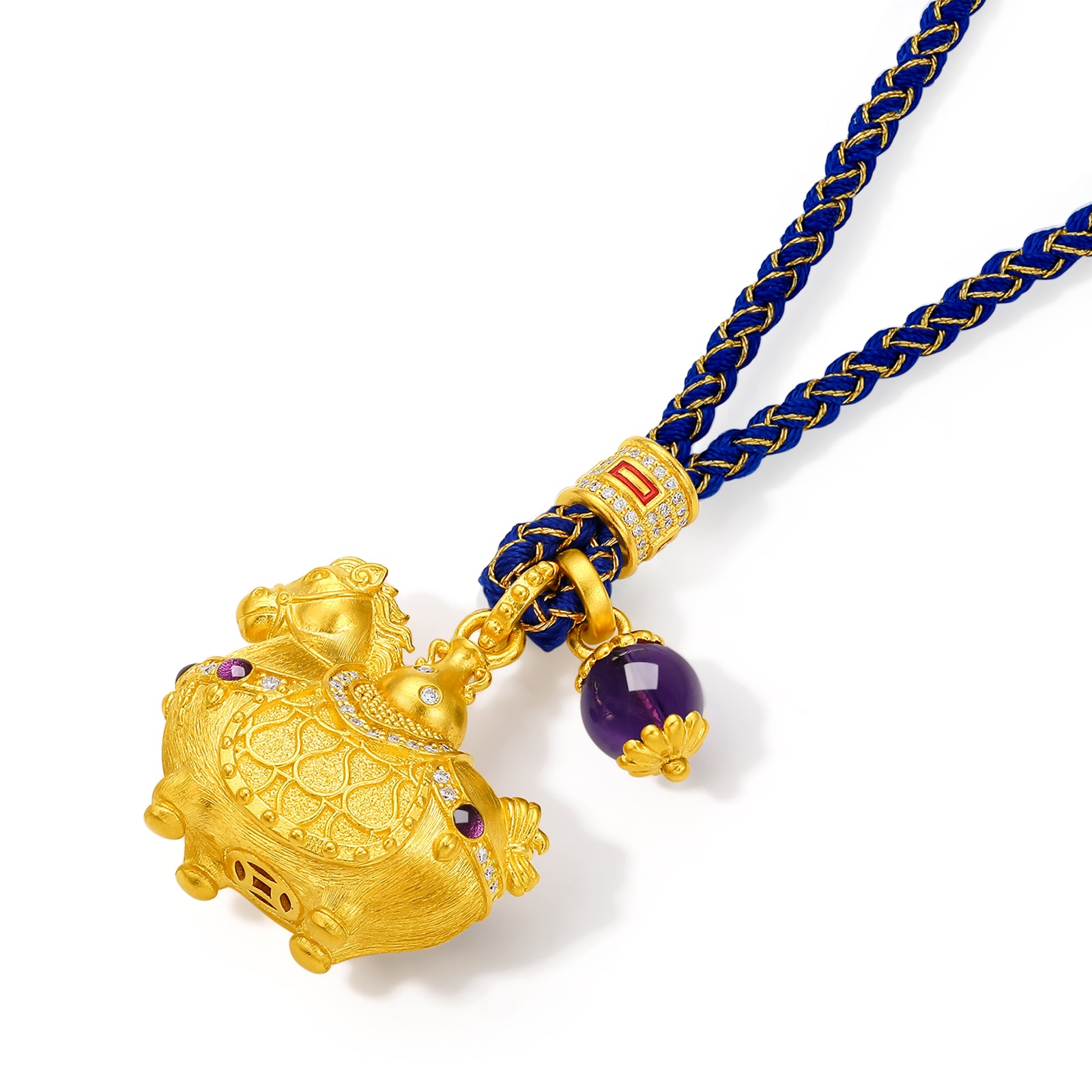 "Chinese Culture Collection - Dan Qing" 24K Gold Pendant Braided Rope Diamond 0.0026ct Amethyst 6-6.5mm Horse 16-18.5g W0436248