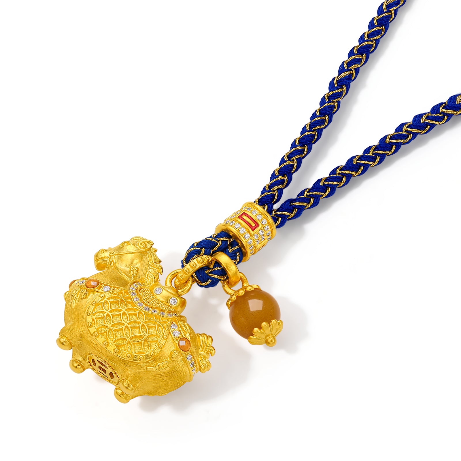 "Chinese Culture Collection - Dan Qing" 24K Gold Pendant Braided Rope Diamond 0.0026ct Amber 6-6.5mm Horse 16-18.55g W0436254