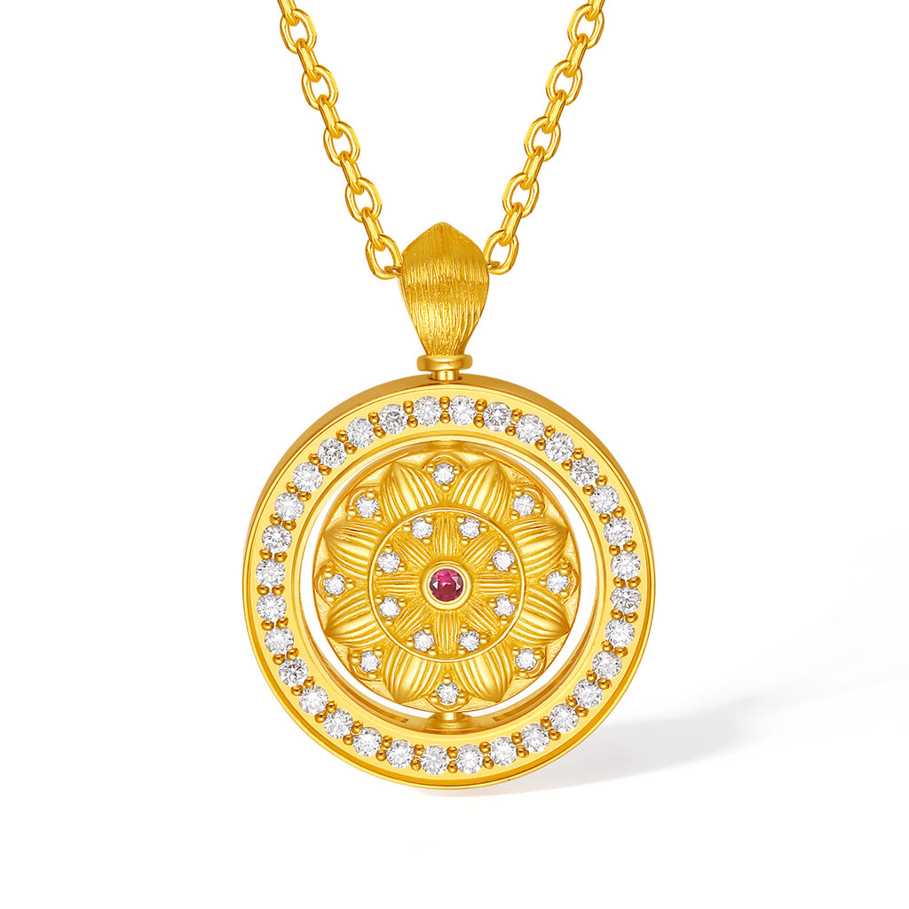 "Jiuhua Mountain" 24K Gold Cross Chain Necklace Diamond Ruby Rotatable Floral Round Pendant Chain Size 40+5cm W0640430