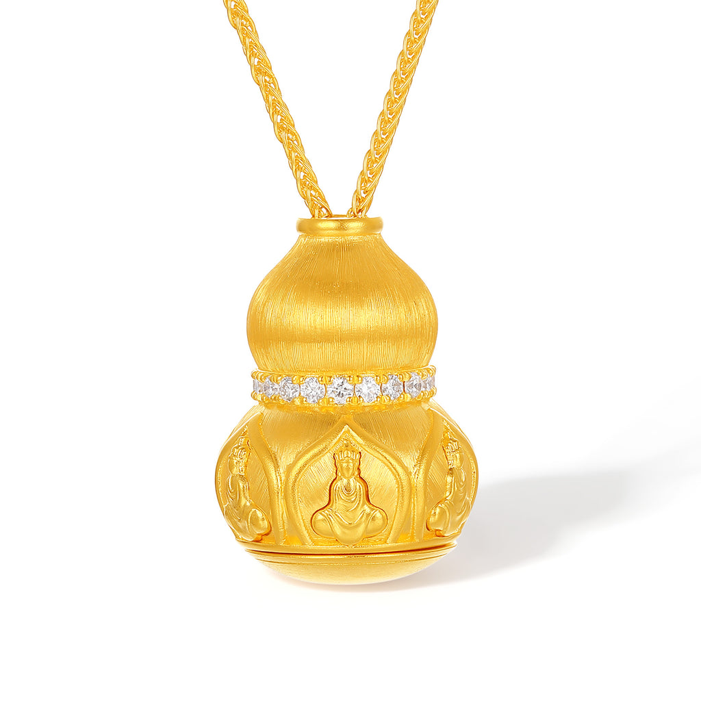 "Jiuhua Mountain" 24K Gold Snake Chain Necklace Diamond Openable Gourd Buddha Pendant Chain Size 40+5cm W0638239