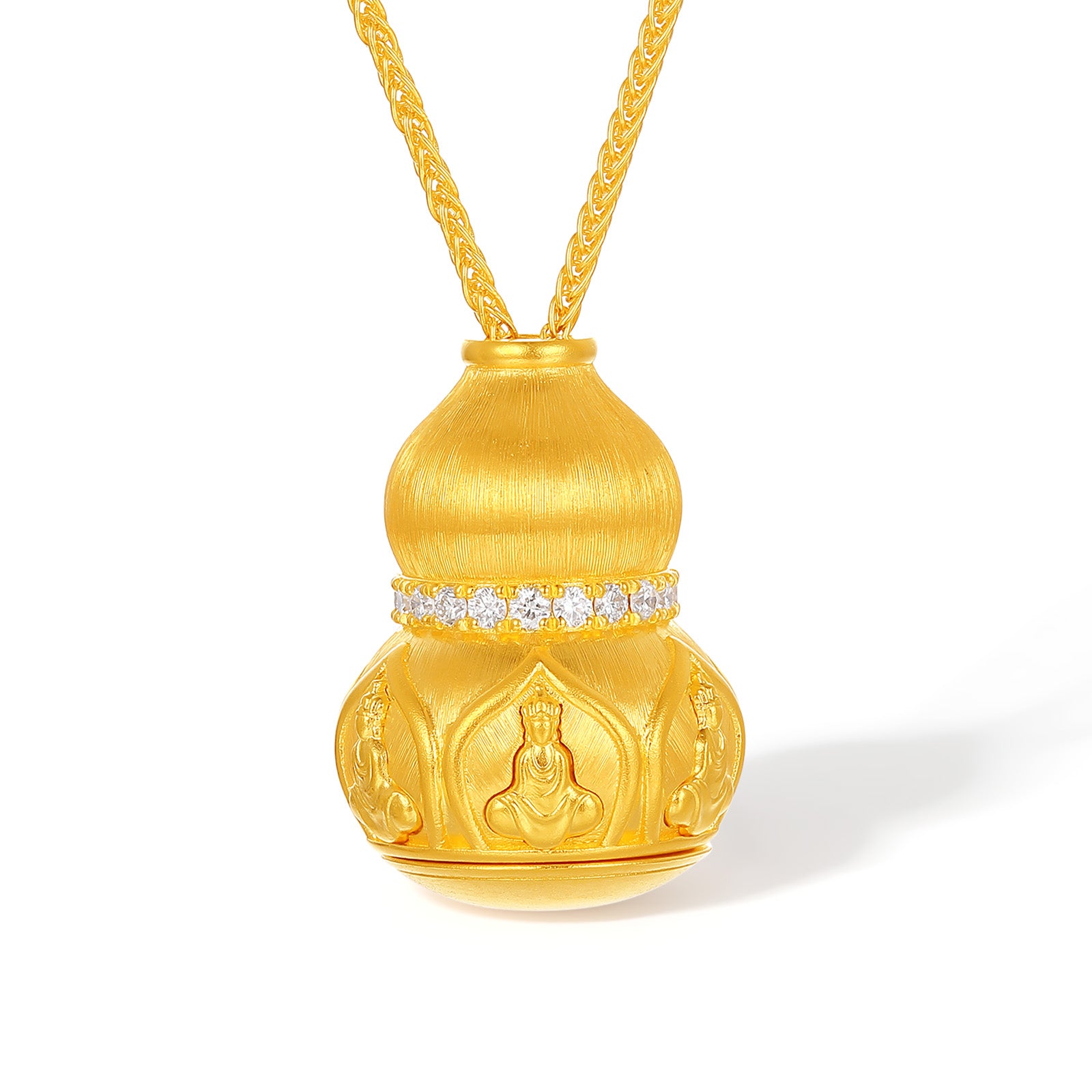 "Jiuhua Mountain" 24K Gold Snake Chain Necklace Diamond Openable Gourd Buddha Pendant Chain Size 40+5cm W0638239
