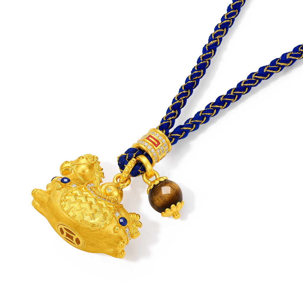 "Chinese Culture Collection - Dan Qing" 24K Gold Pendant Braided Rope Diamond 0.0024ct Tiger's-eye 6-6.5mm    Horse 14.5-17g W0436247