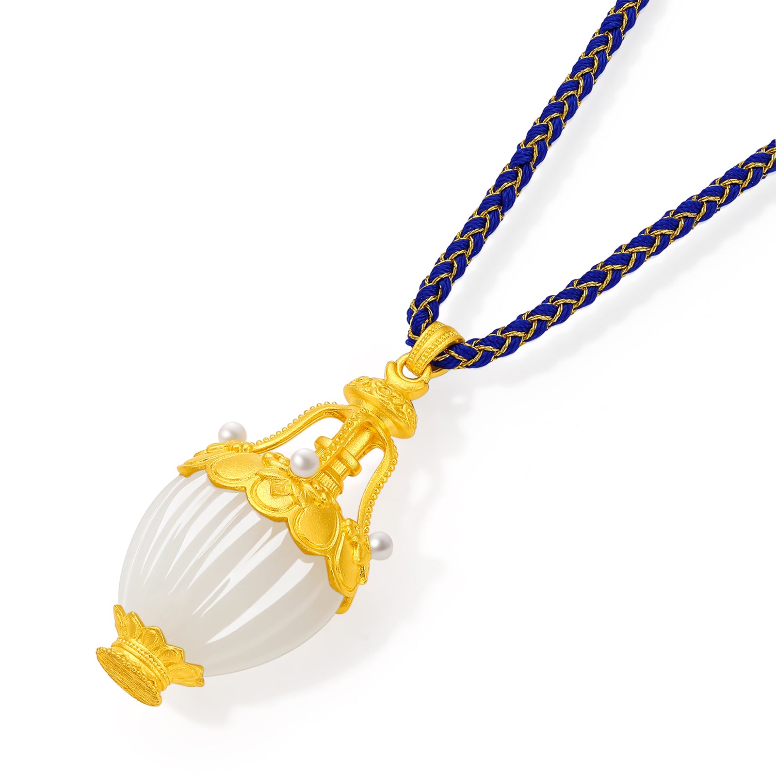 "Chinese Culture Collection - Dan Qing" 24K Gold Pendant Braided Rope Hetian Jade 38.5*19mm Pearl 2-2.5mm Vase 11.2-14.7g Y0436331