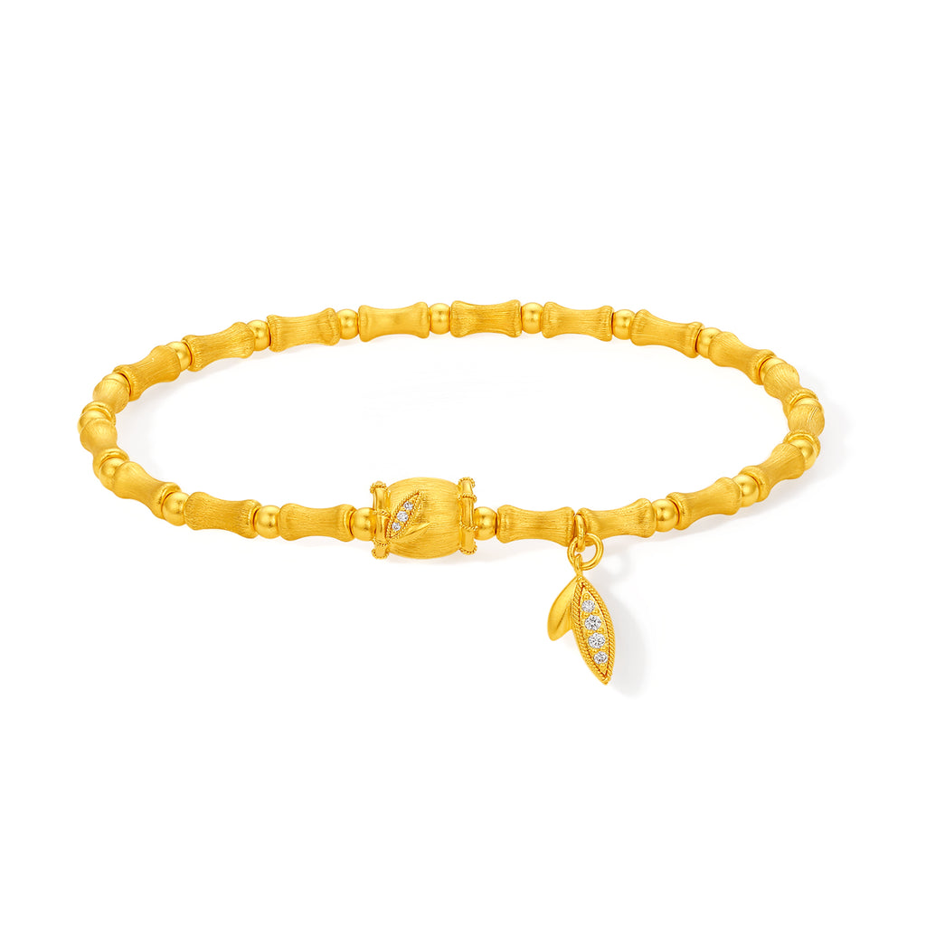 "Chinese Culture Collection - Dan Qing" 24K Gold Beaded Bracelet Diamond 0.0067ct Bamboo 11.7-14.7g W1936324