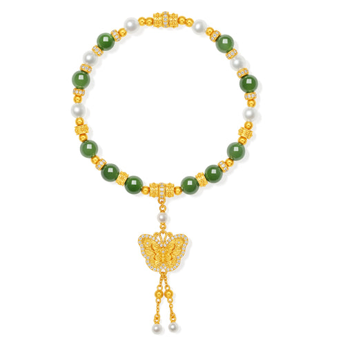 "Chinese Culture Collection - Dan Qing" 24K Gold Beaded Bracelet Hetian Jade 5.8-6.3mm Diamond 0.0053ct Pearl 2.8-3.3mm Butterfly 12-15g Y1940434