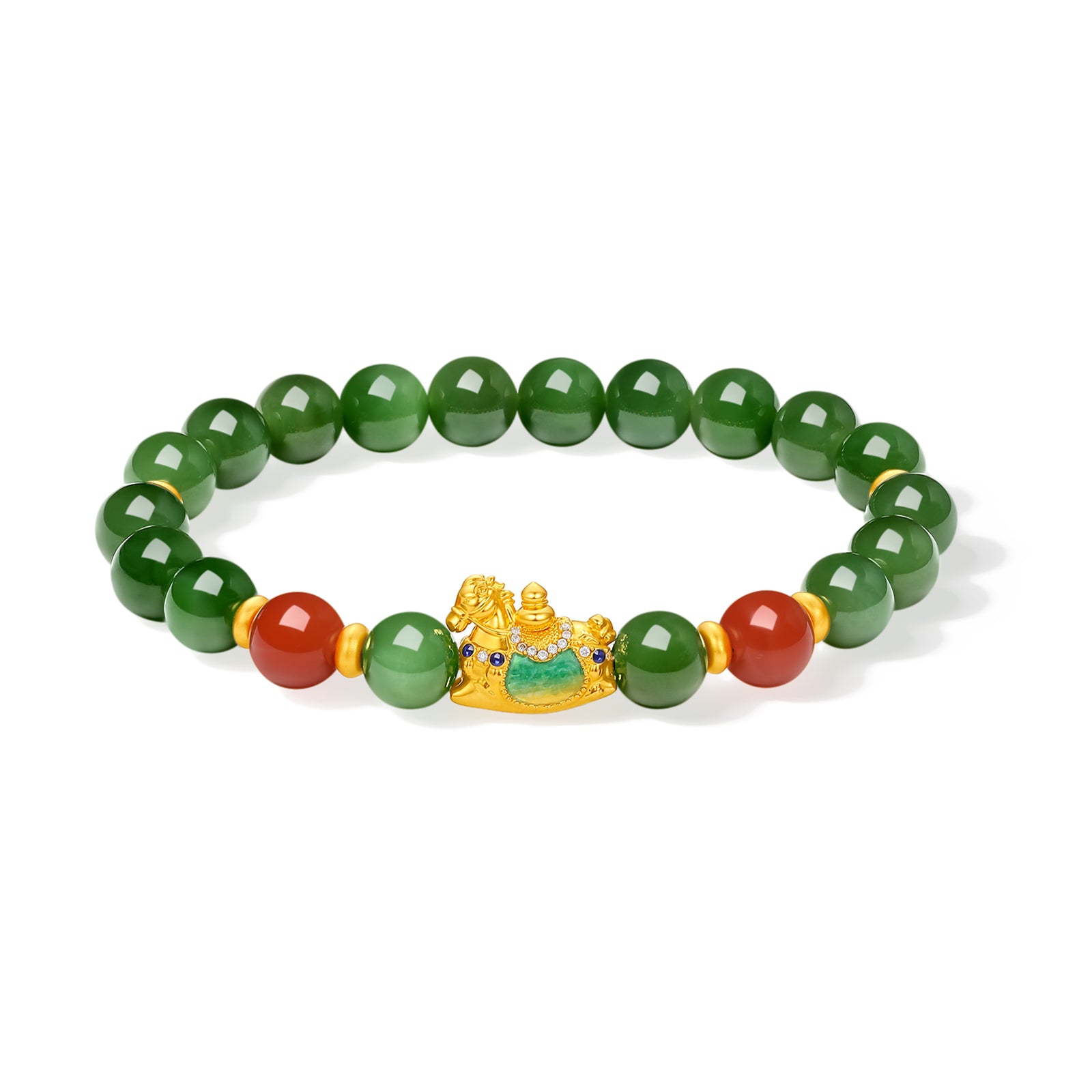 "Chinese Culture Collection - Dan Qing" 24K Gold Beaded Bracelet Hetian Jade 7.8-8.3mm Diamond 0.0025ct Agate 0 Horse 1.1-1.65g Y1937267