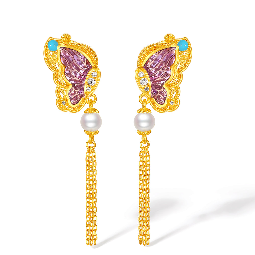 "Chinese Culture Collection - Dan Qing" 24K Gold Earrings Diamond 0.0093ct Pearl 4-4.5mm Butterfly 6.3-8.3g W0936729