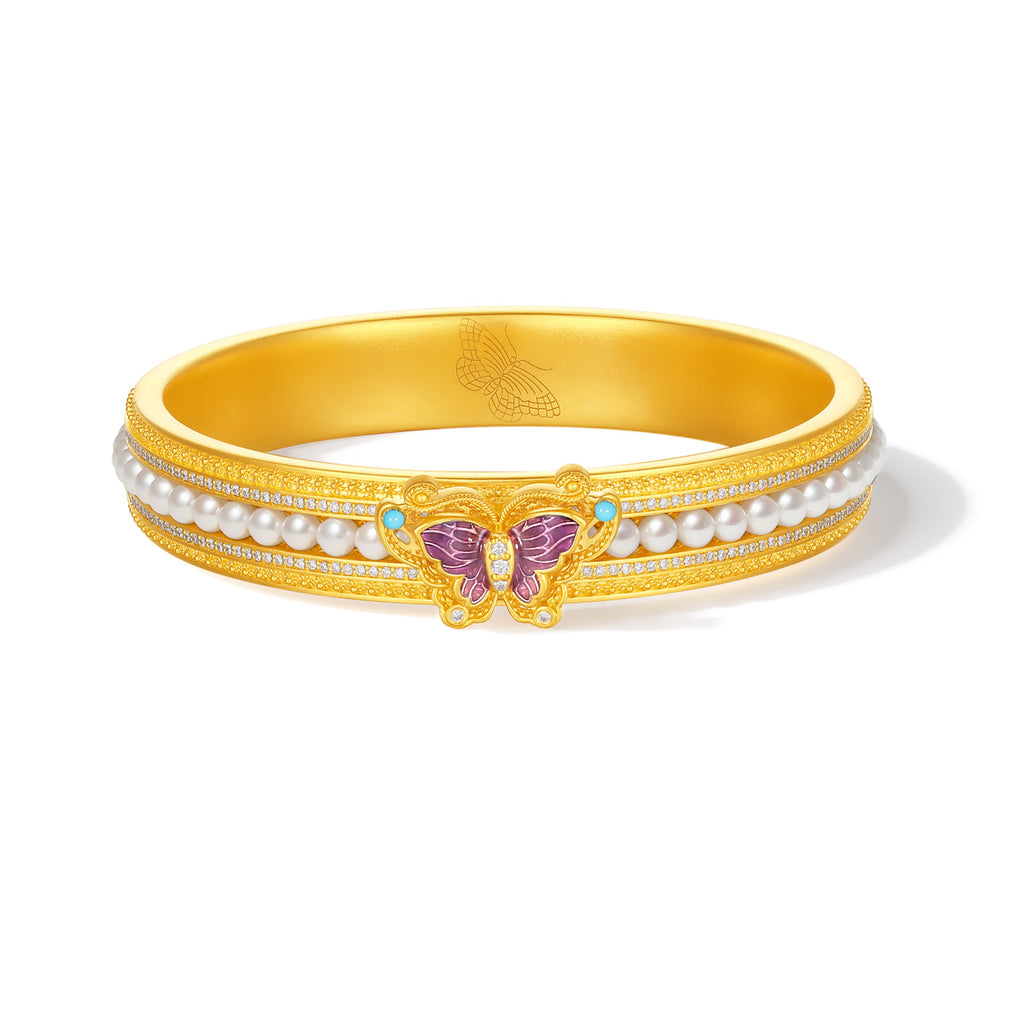 "Chinese Culture Collection - Dan Qing" 24K Gold Bangle Bracelet Diamond 0.003ct Pearl 3mm Butterfly 56-63g W1043660