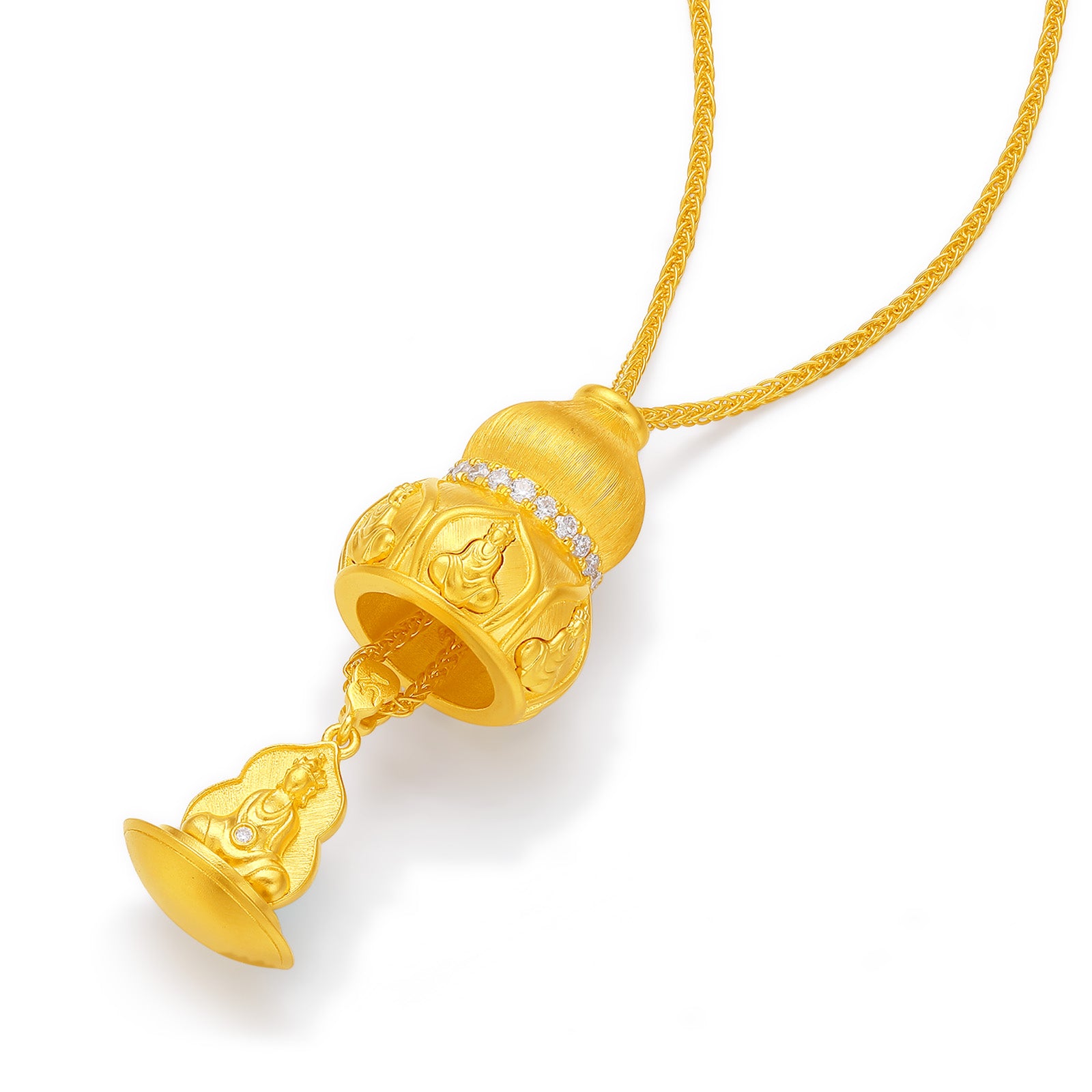 "Jiuhua Mountain" 24K Gold Snake Chain Necklace Diamond Openable Gourd Buddha Pendant Chain Size 40+5cm W0638239