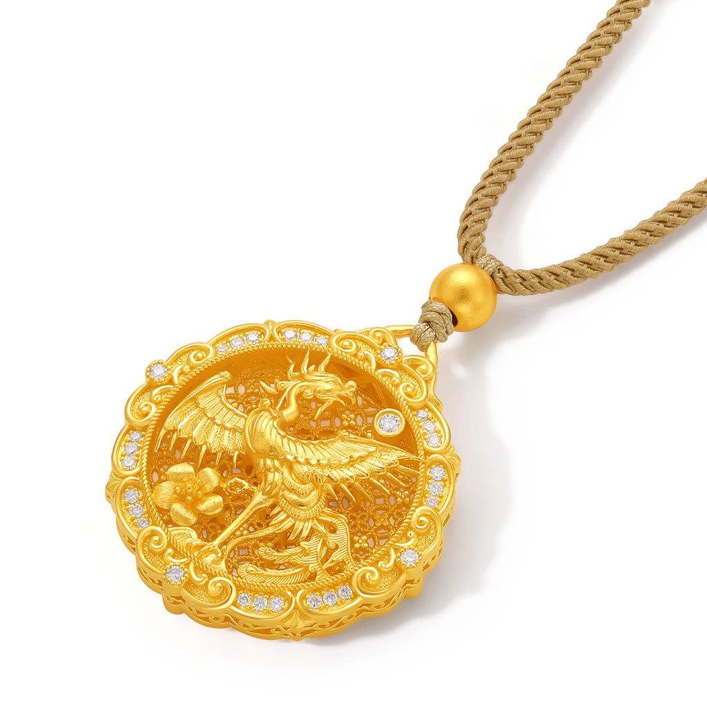 "Chinese Culture Collection - Wood Carving" 999 24K Gold  String Pendant Diamond 0.017ct Diamond 0.01ct Diamond 0.005ct Dragon Phoenix 13-15g W0450033
