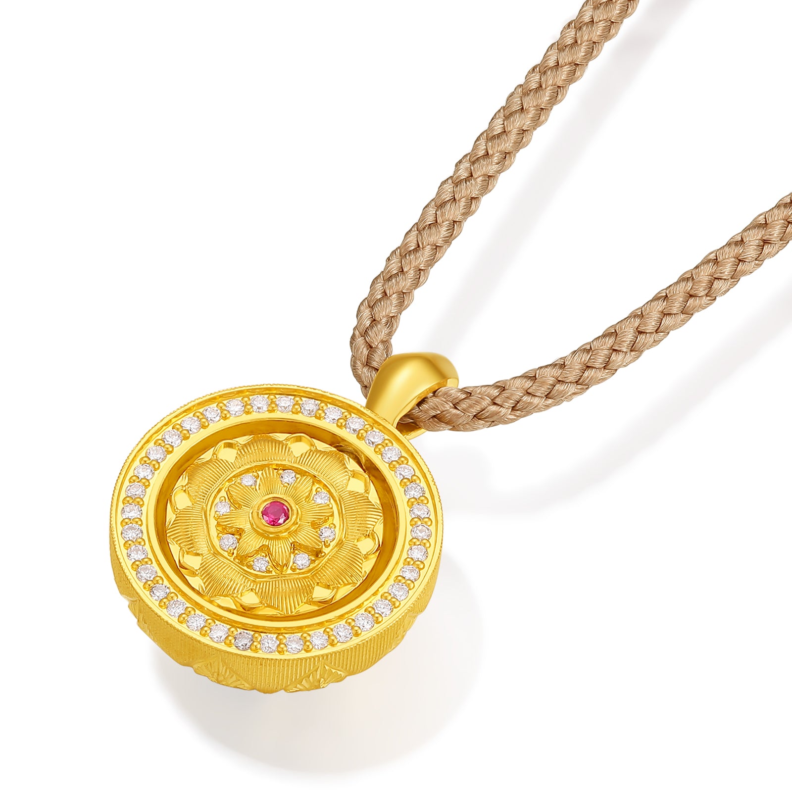 "Jiuhua Mountain" 24K Gold Diamond Ruby Rotatable Mandala Round Pendant 0.0036ct W0454045