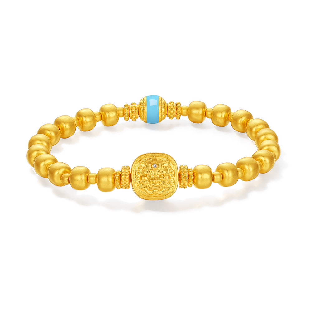 "Jiuhua Mountain" 24K Gold Beaded Bracelet Diamond Enamel Square Charm W1945663
