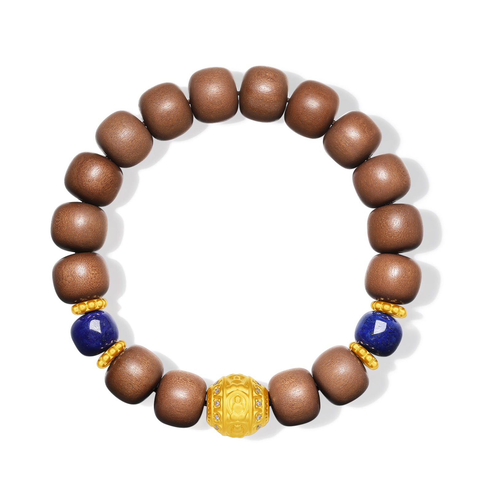 "Jiuhua Mountain" 24K Gold Beaded Bracelet Wood Lapis Lazuli Buddha Sculpture 8.5*7.5mm 18cm J1935607