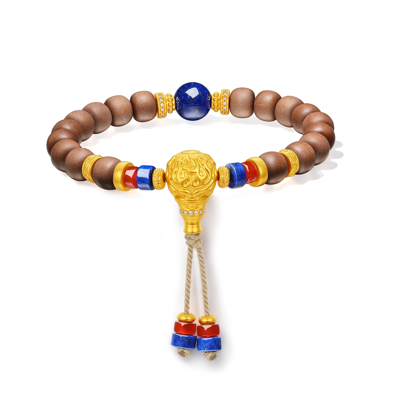 "Jiuhua Mountain" 24K Gold String Bracelet Wood Lapis Lazuli Buddha Tassel 10-10.5mm 18cm A1935608