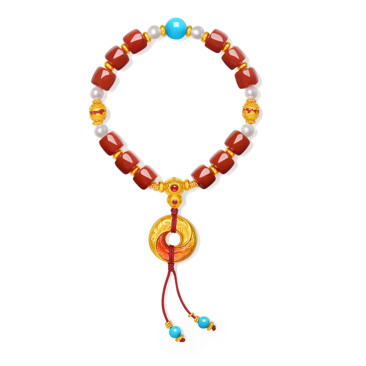 "Chinese Culture Collection - Dan Qing" 999 24K Gold Beaded Bracelet Agate 8-8.5*7-7.5mm Diamond 0.005ct Freshwater Pearl 8-8.5mm Gourd 6.5-9.5g J1950047