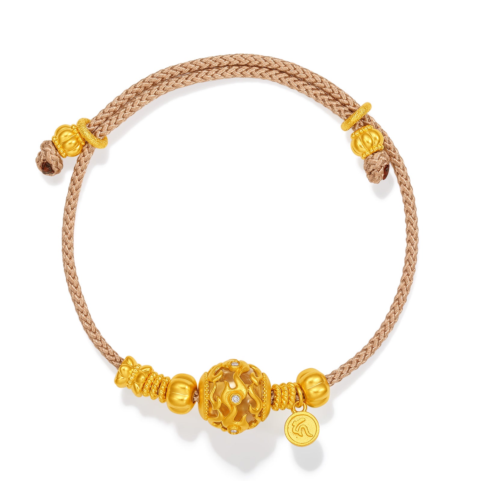 "Jiuhua Mountain" 24K Gold String Bracelet Diamond Yellow Crystal Hollow Bead Charm W1738238