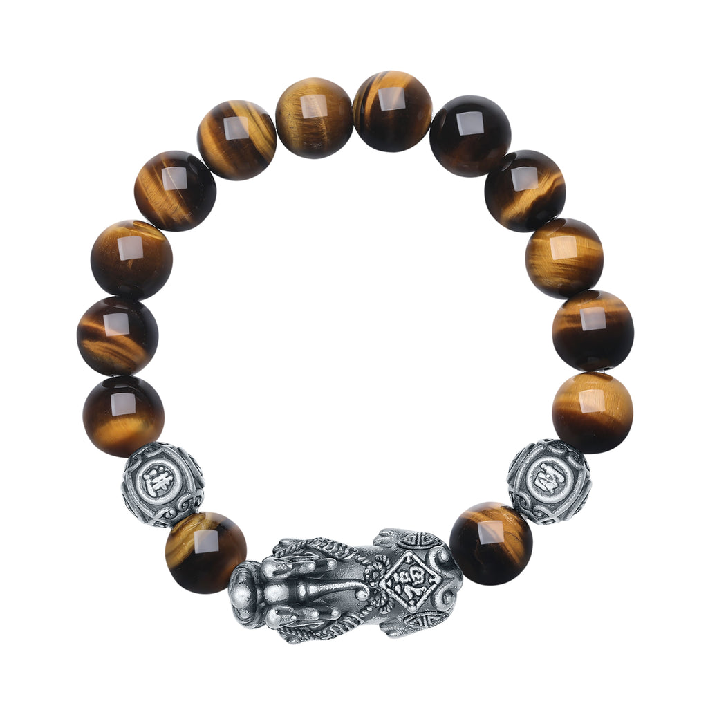 ZHOU LIU FU 925 Sterling Silver Pixiu Charm Bracelet Tiger's Eye Beaded Stretch Bracelet Feng Shui Jewelry Gift for Men 7.9"