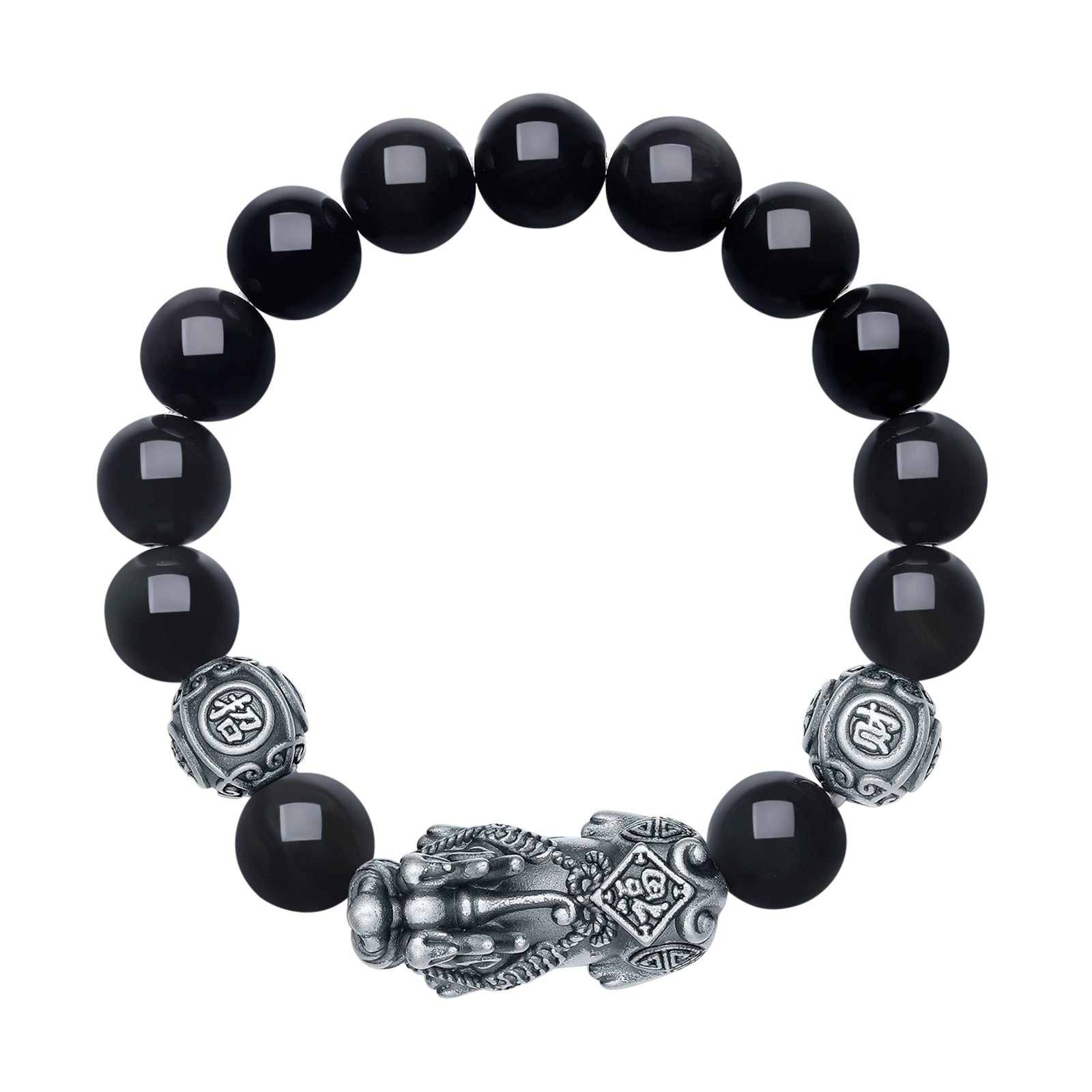 S925 Sterling Silver Beaded Bracelet Obsidian Pixiu 3.8-4.8g 18cm/20cm J1914054
