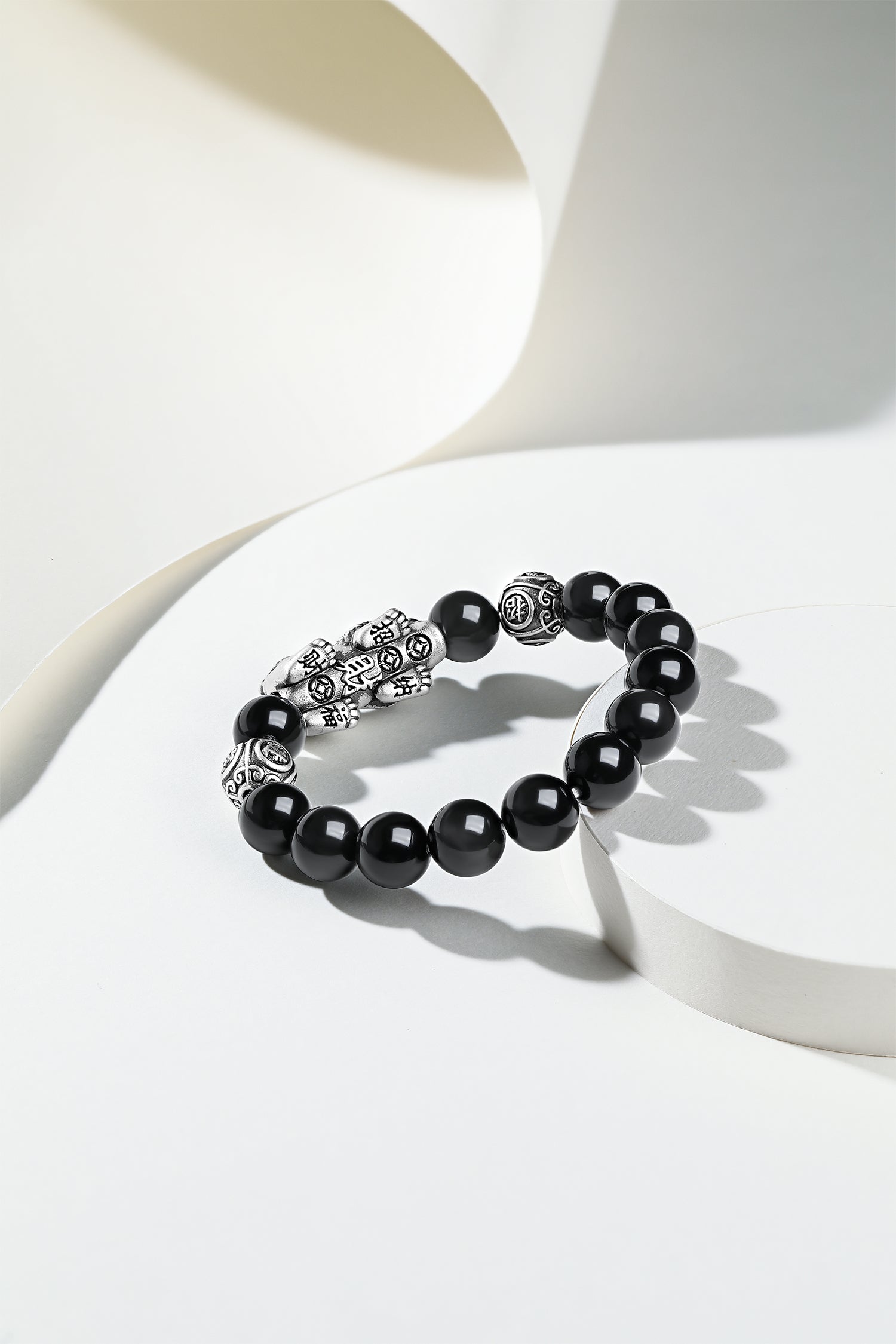 ZHOU LIU FU S925 Sterling Silver Bracelet Pixiu Obsidian Crystal Stretch Beaded Bracelets Feng Shui Auspicious Jewelry Gift for Men Father Boyfriend 7.9"