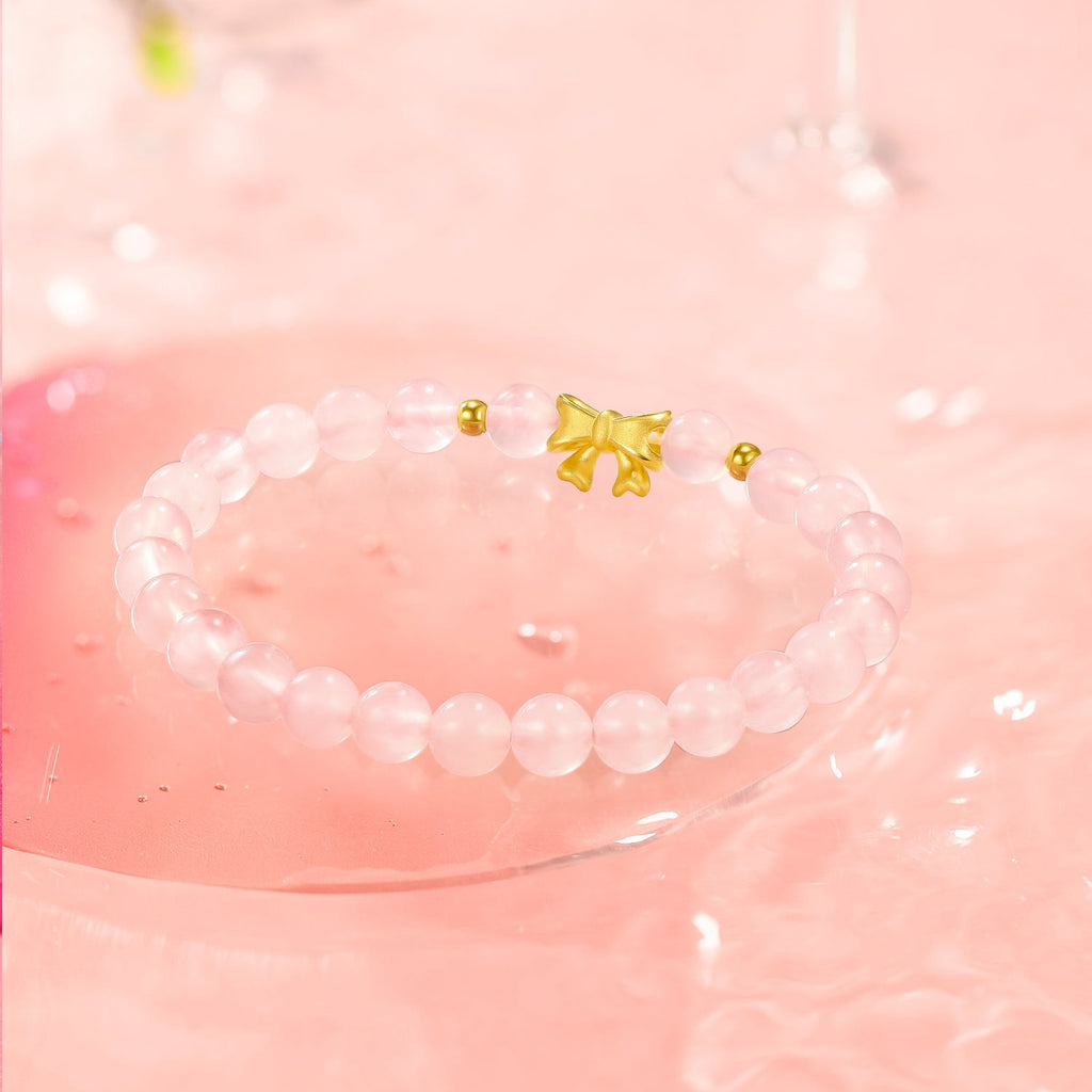 24K Gold Beaded Bracelet Rose Quartz 0.45-0.65g Bow A1911408