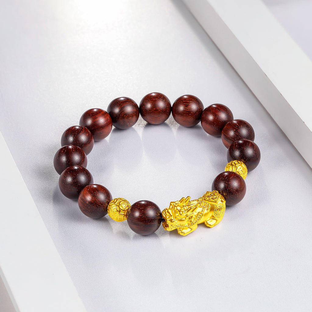24K Gold Beaded Bracelet Sandalwood Pixiu 2.7-3.1g ADXY193480