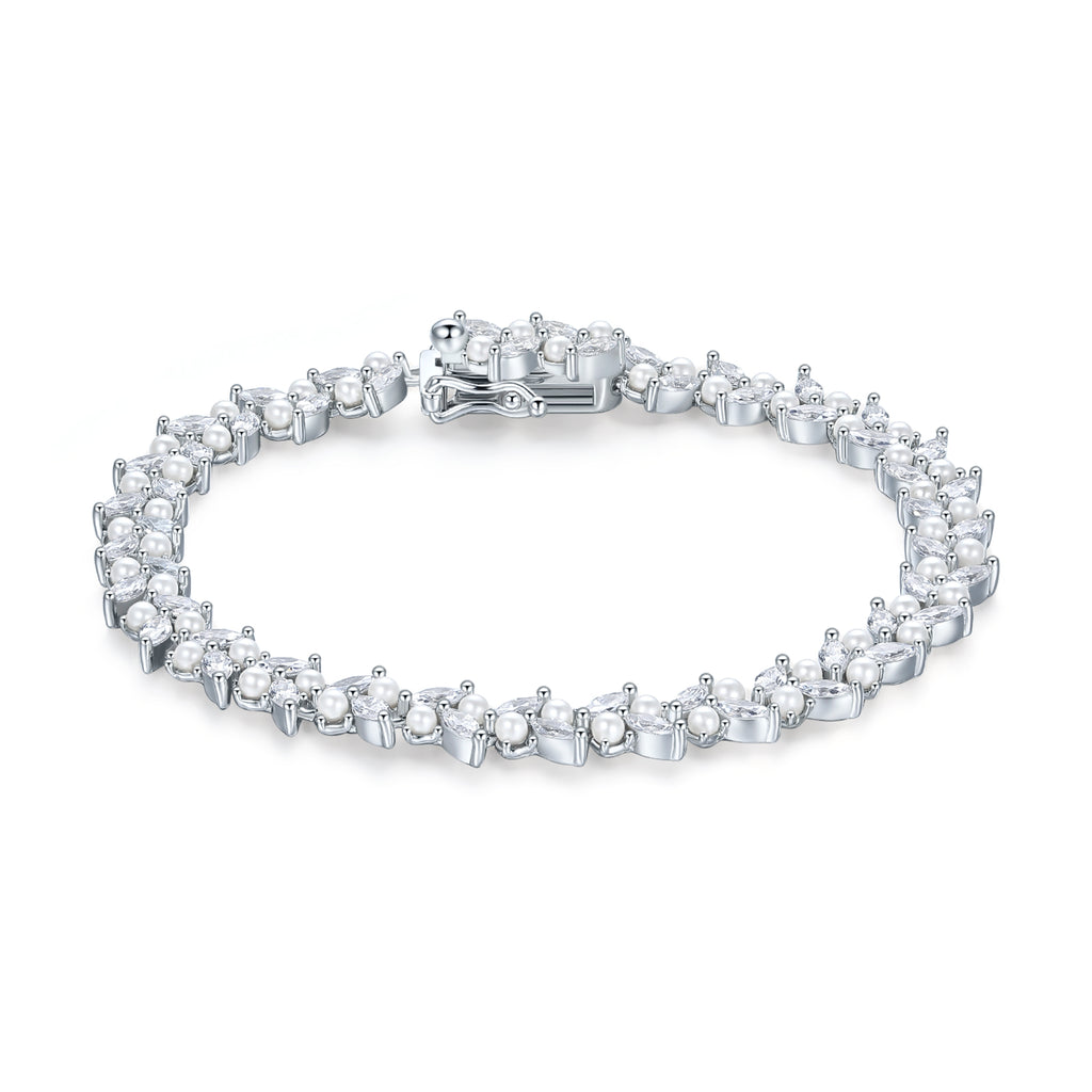 ZHOU LIU FU 925 Sterling Silver Marquise Cubic Zirconia Tennis Bridal Bracelet Simulated Pearl Wedding Jewelry for Women J0713594