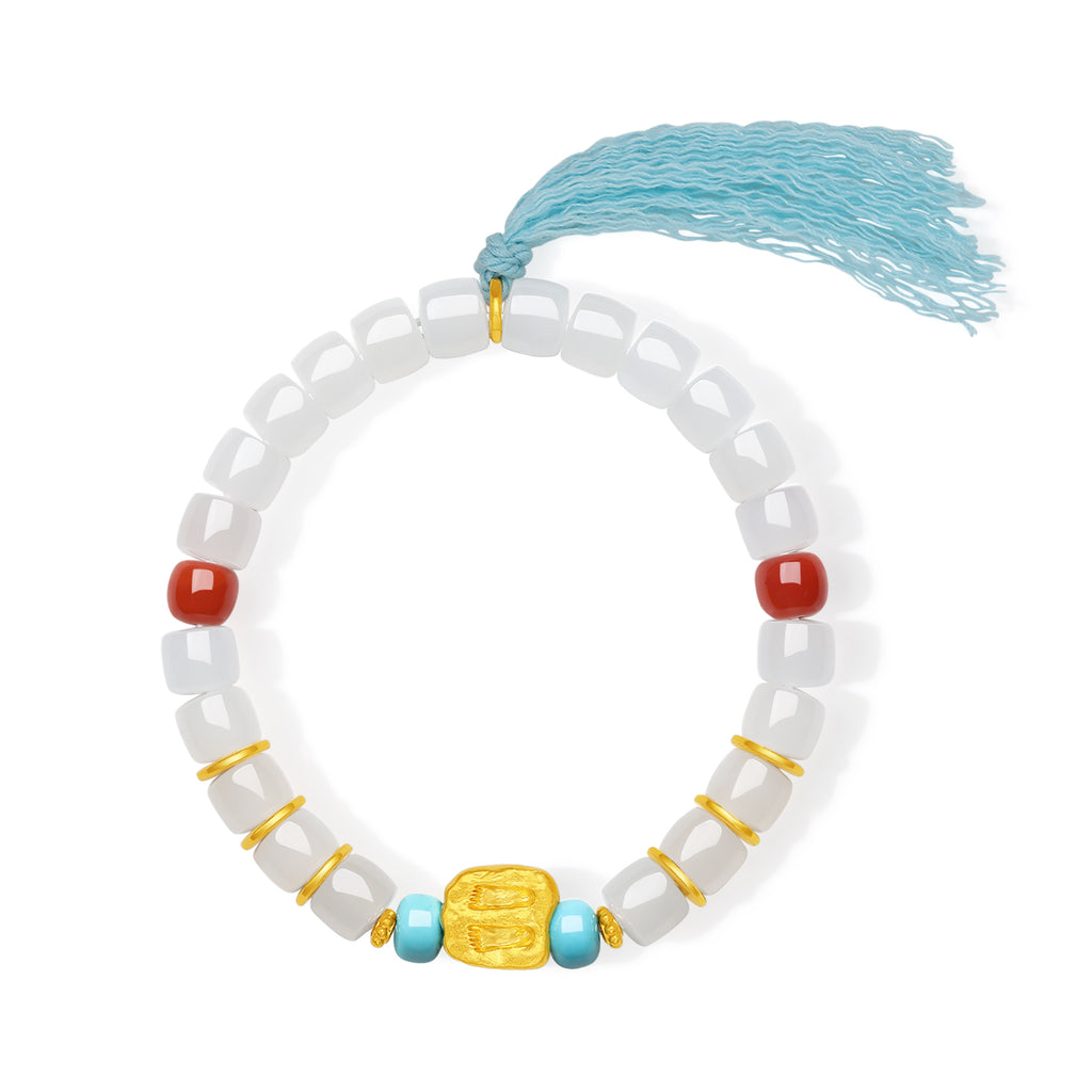 九華山 24K 金珠手鍊 黑田玉 綠松石 瑪瑙 地藏菩薩法器 Y1915278